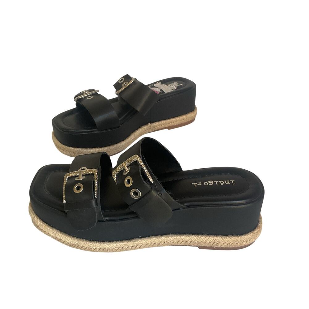 Indigo Rd Black Platform Slide Sandals Double Buckle Espadrille Size 6.5